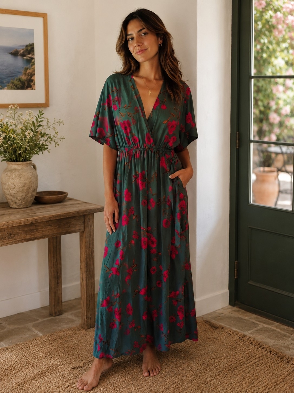 Aakaa Green Maxi Dress Pink Floral Print V-neck Kimono Sleeves Lightweight FLAW